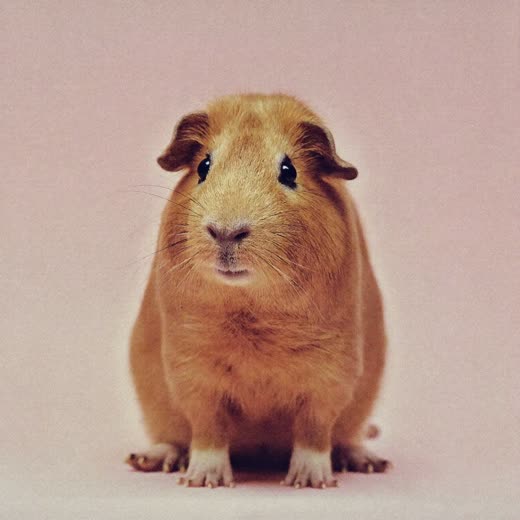 A guinea pig photographed close and central on a soft pastel background