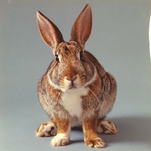 A rabbit photographed close and central on a soft pastel background